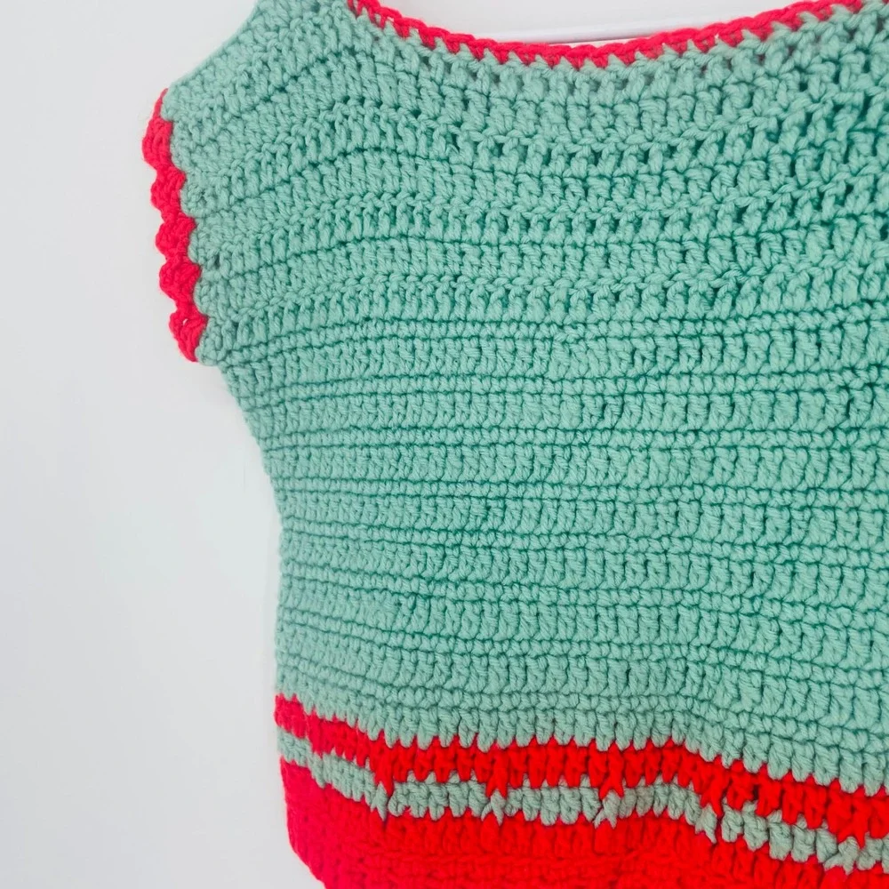Handmade‎ Crochet Crop Top Mint Green Red Boho Festival Sleeveless Boat Neck